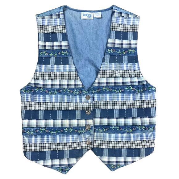 Vintage Jackets & Blazers - Vintage Bedford Fair Patchwork Plaid Denim Vest M